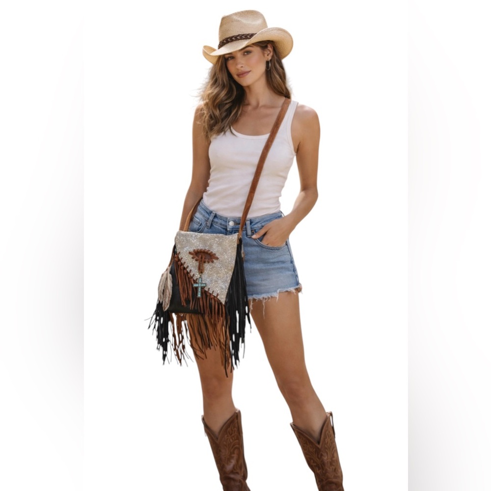 Handmade Soft Leather & Hair-On Hide Fringe Crossbody Purse ML Brand